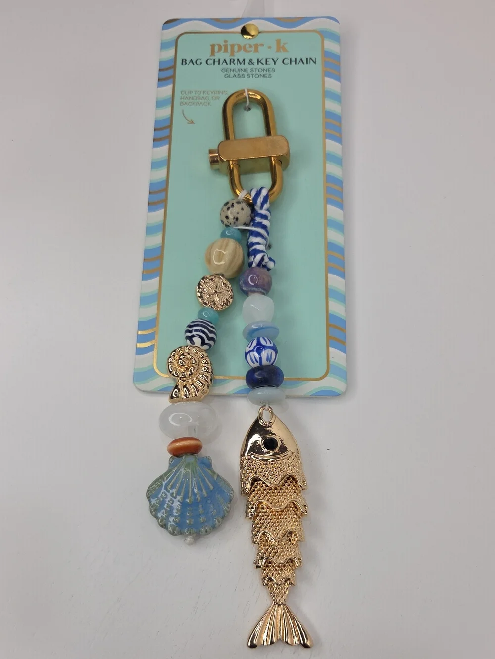 ✨️▪️piper K ▪️ Blue & Gold Beaded Fish and Shell Key Chain Charm